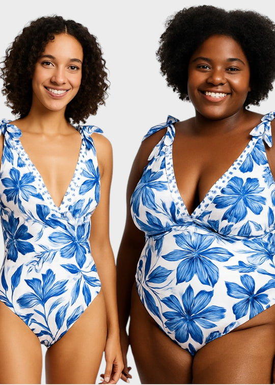 Bohemian blue floral swimsuit with V-neckline and skirt, laced up front