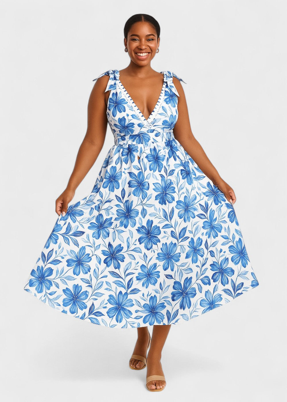 Bohemian blue floral swimsuit with V-neckline and skirt, laced up front