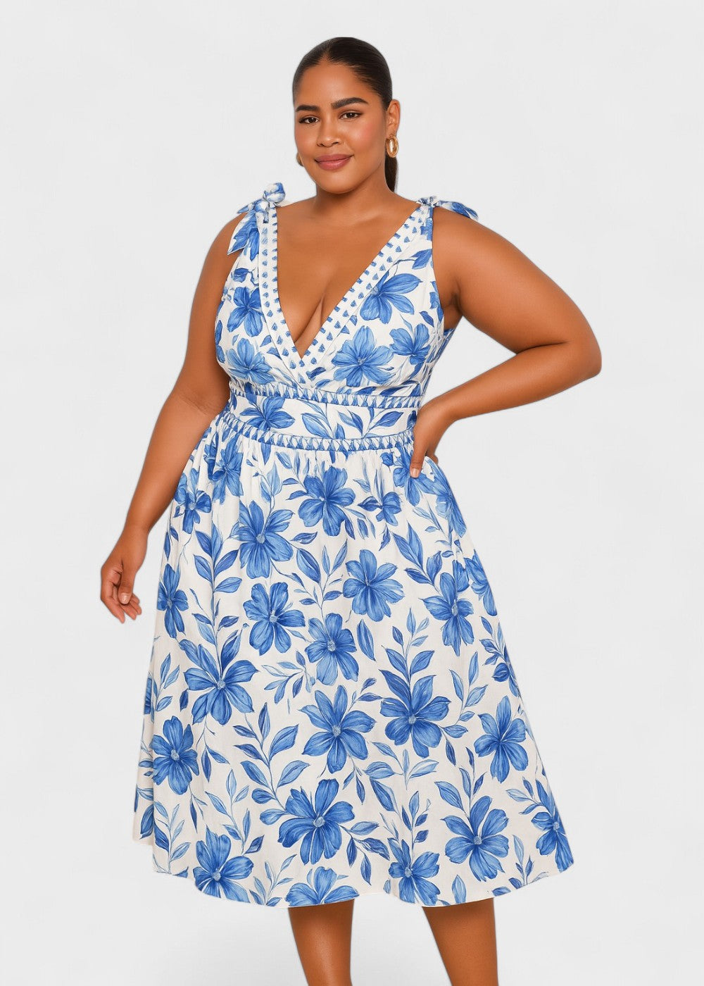 Bohemian blue floral swimsuit with V-neckline and skirt, laced up front