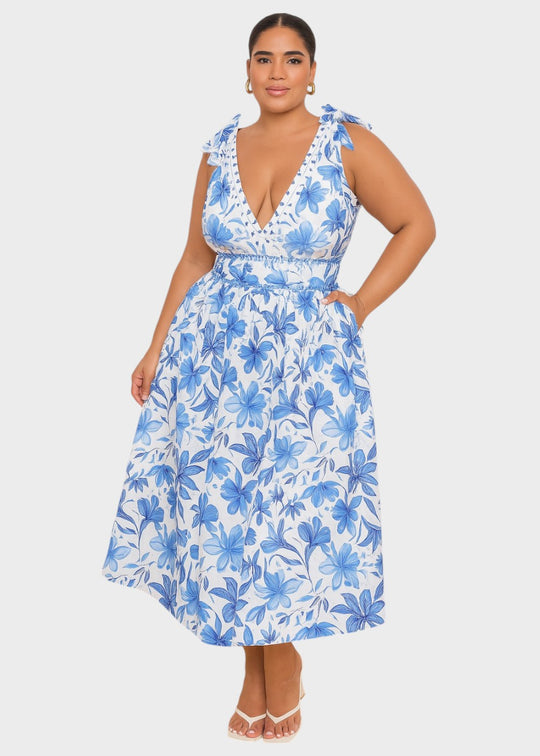 Bohemian blue floral swimsuit with V-neckline and skirt, laced up front