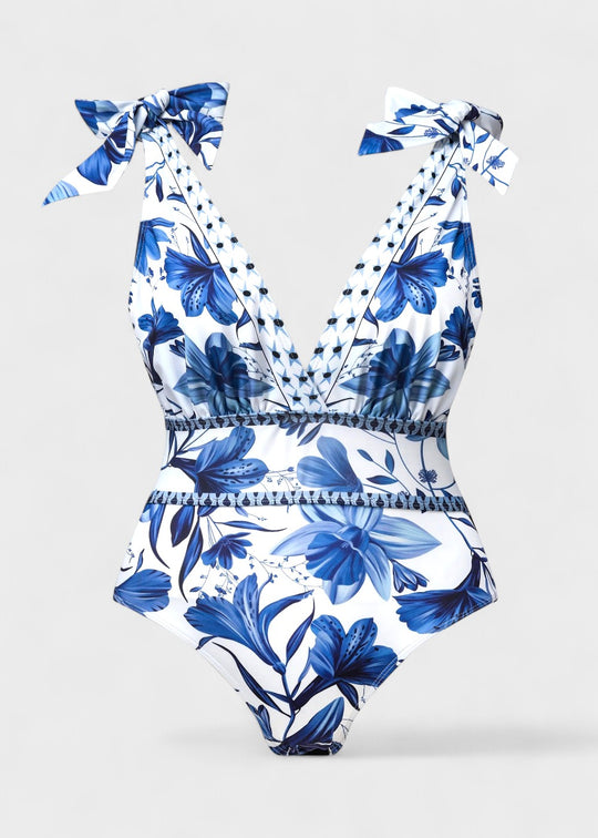 Bohemian blue floral swimsuit with V-neckline and skirt, laced up front